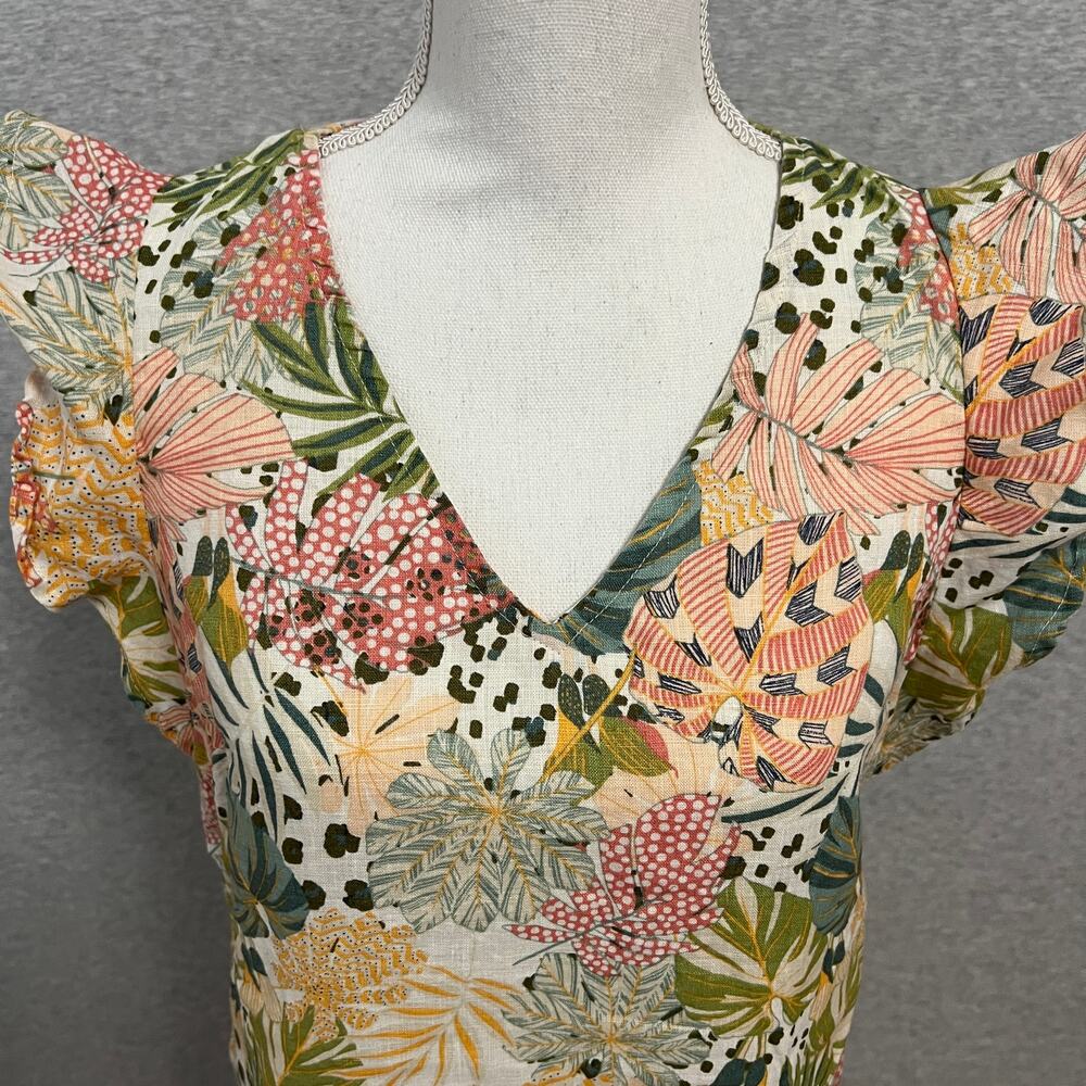 C&C California Linen Sheath Dress Womens Small Ruffle Sleeves Tropical Botanical
